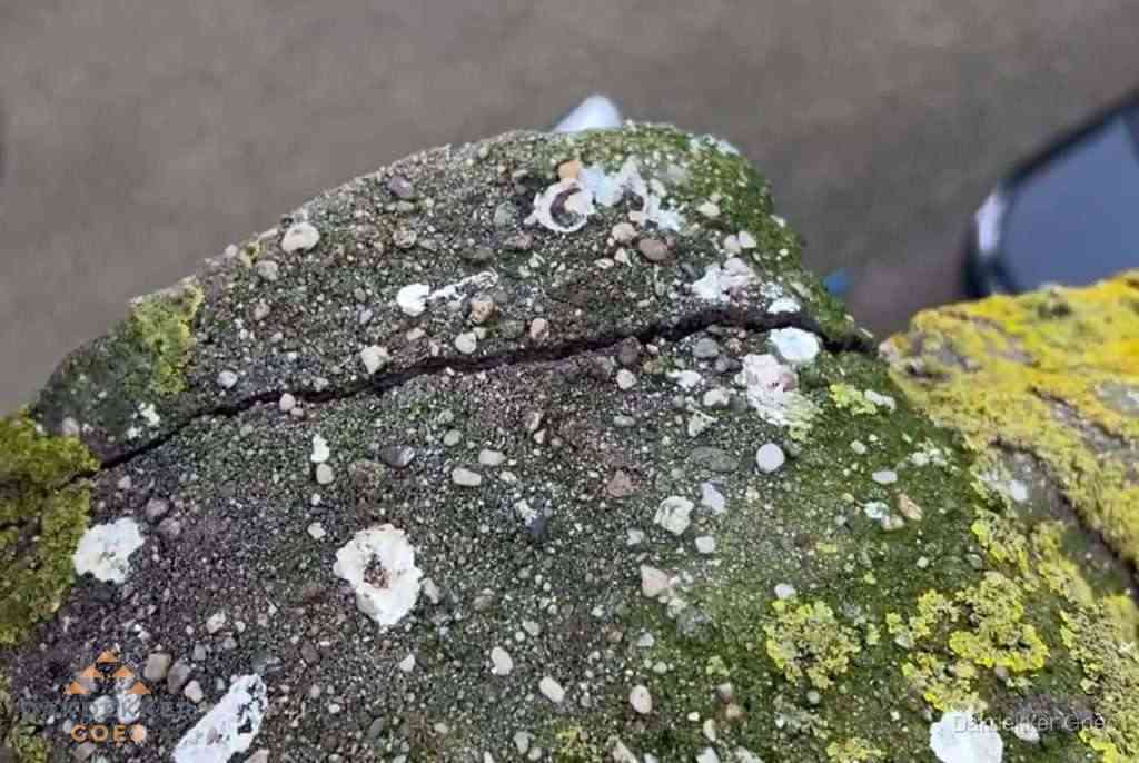 Beschadigde en verweerde nokvorst met scheuren en mos in Goes Beschadigde en verweerde nokvorst met scheuren en mos in Goes