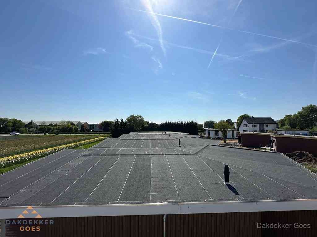 Groot plat dak met bitumen dakbedekking op bedrijfspand in Goes